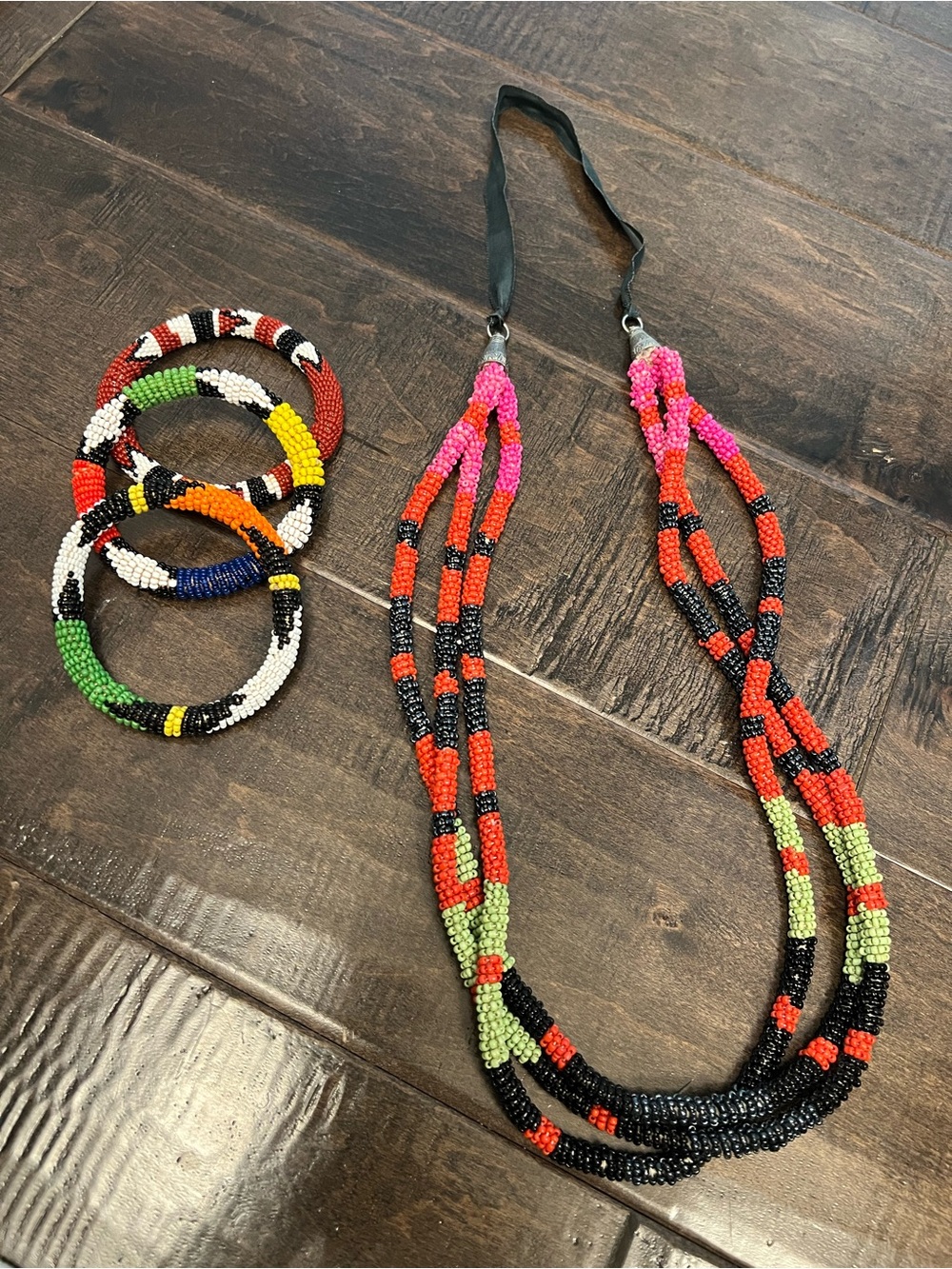 Vintage Multicolor Seed-Bead Beaded Necklace and Bracelet Set